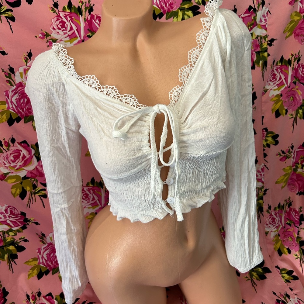 Renaissance peasant gypsy bohemian boho cream peep long sleeve puff gathered S